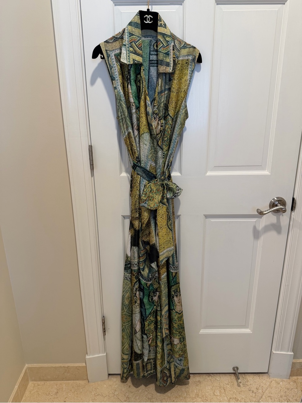 Masha Dress Sleeveless Collared Maxi Wrap Dress Mosaic Roman Print tie belt